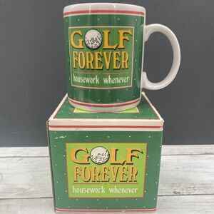 Vintage Golf Forever Housework Work Whenever Ceramic Porcelain Coffee Tea Mug